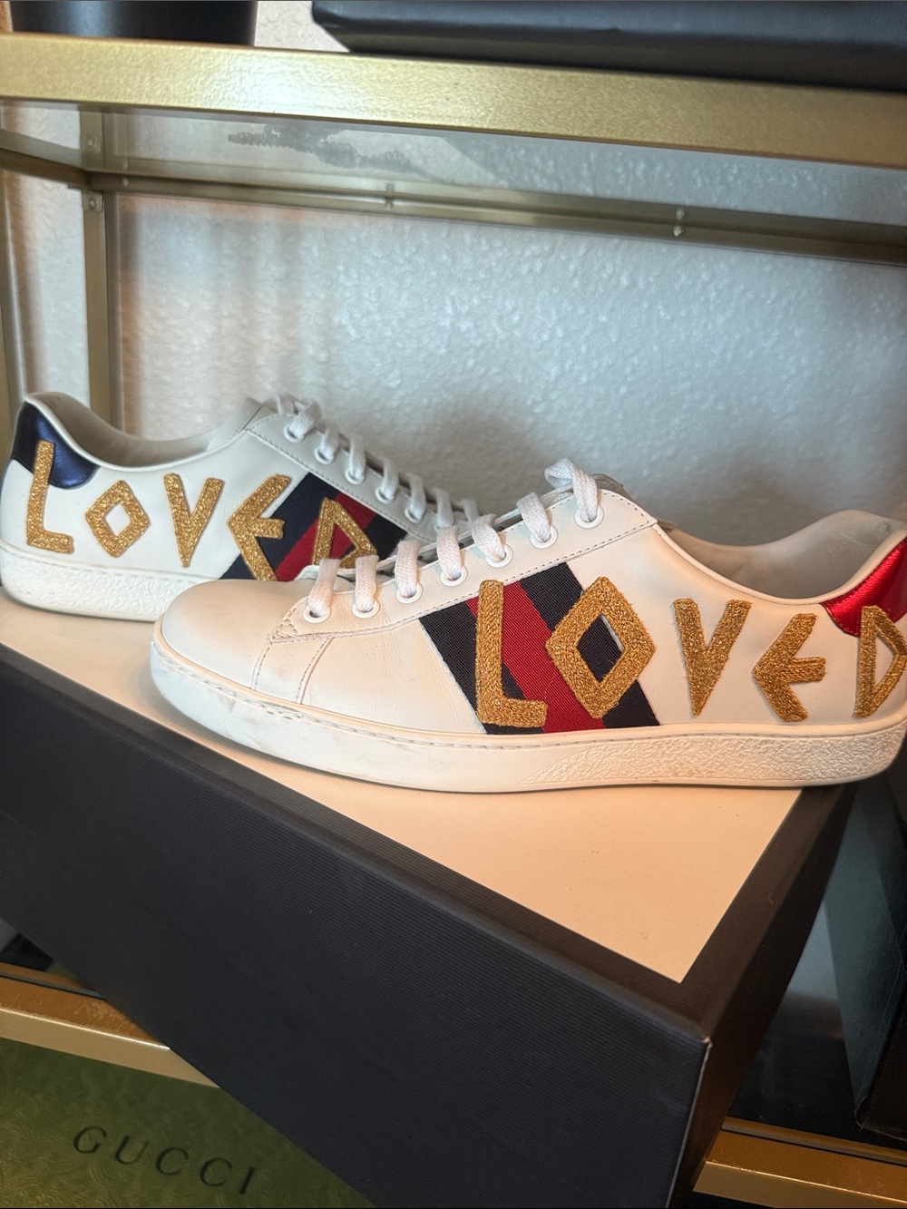 Gucci White Leather 'LOVED' Low-Top Sneakers with Gold, Red & Navy Accents